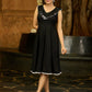 Midnight Ruffle Black Flared Rayon Dress with White Accents