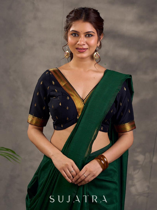 Jet Black Cotton Silk V-Neck Blouse with Gold Buti & Zari Border Detailing
