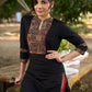 Solid Black Cotton Kurta with Ajrakh Yoke and Sleeves