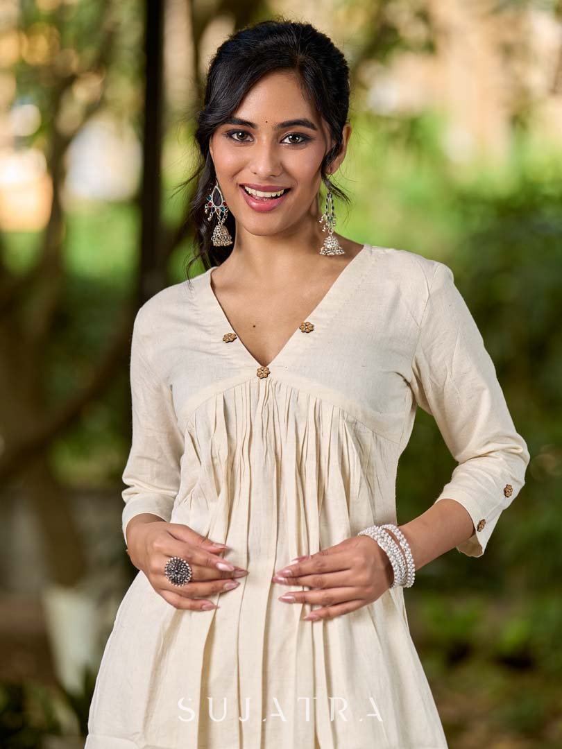 Classic Ivory Cotton Kurta with Subtle Gather Detailing