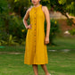 Exquisite Mustard Cotton Halter Dress Highlighted with Maroon Piping and Handcrafted Ajrakh Buttons - Jacket Optional