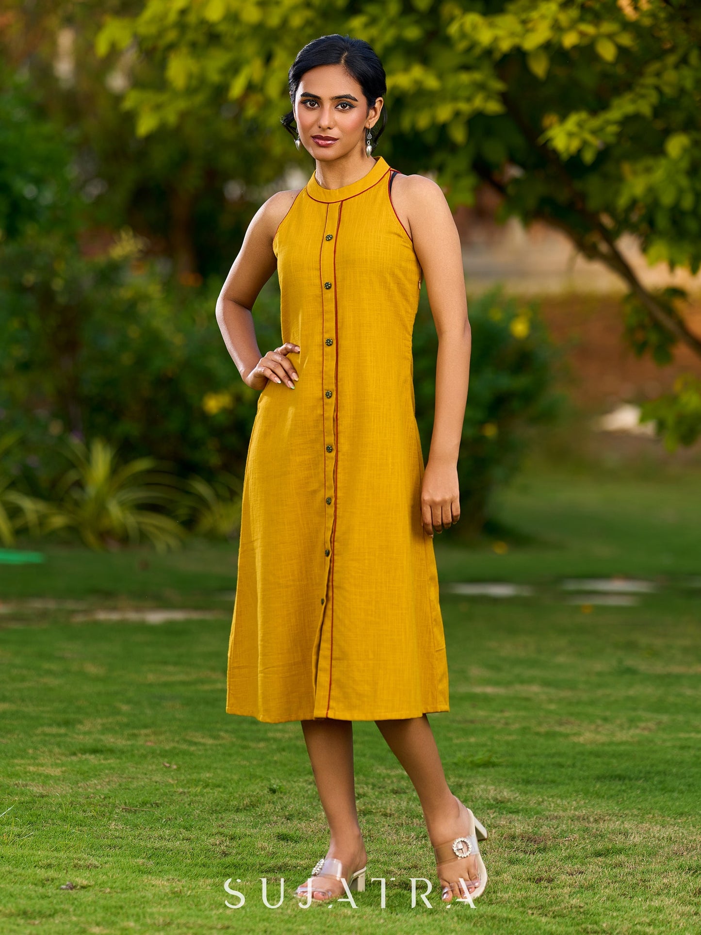 Exquisite Mustard Cotton Halter Dress Highlighted with Maroon Piping and Handcrafted Ajrakh Buttons - Jacket Optional