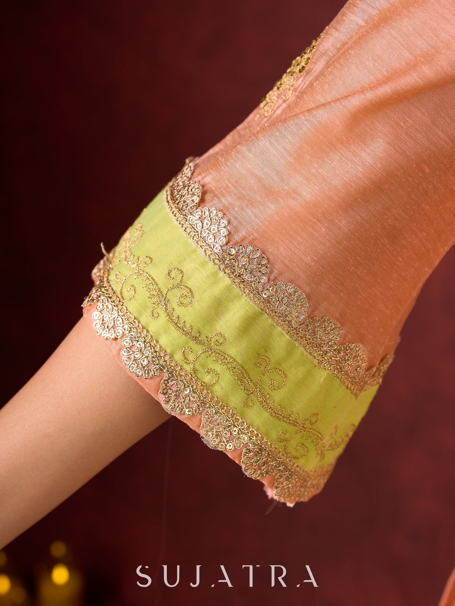 Graceful Peach-Green Combination Chanderi Kurta with Fine Embroidery