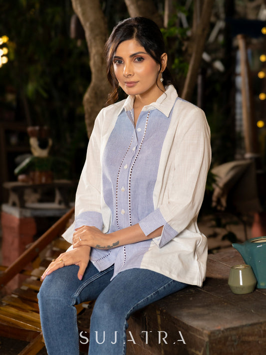 Wistful White Cotton Shirt with Blue Striped Yoke and Delicate Lace Embellishments