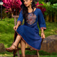 Ajrakh Appliqué Cotton Dress In Navy With Bell Sleeves And Mirror Embellishment