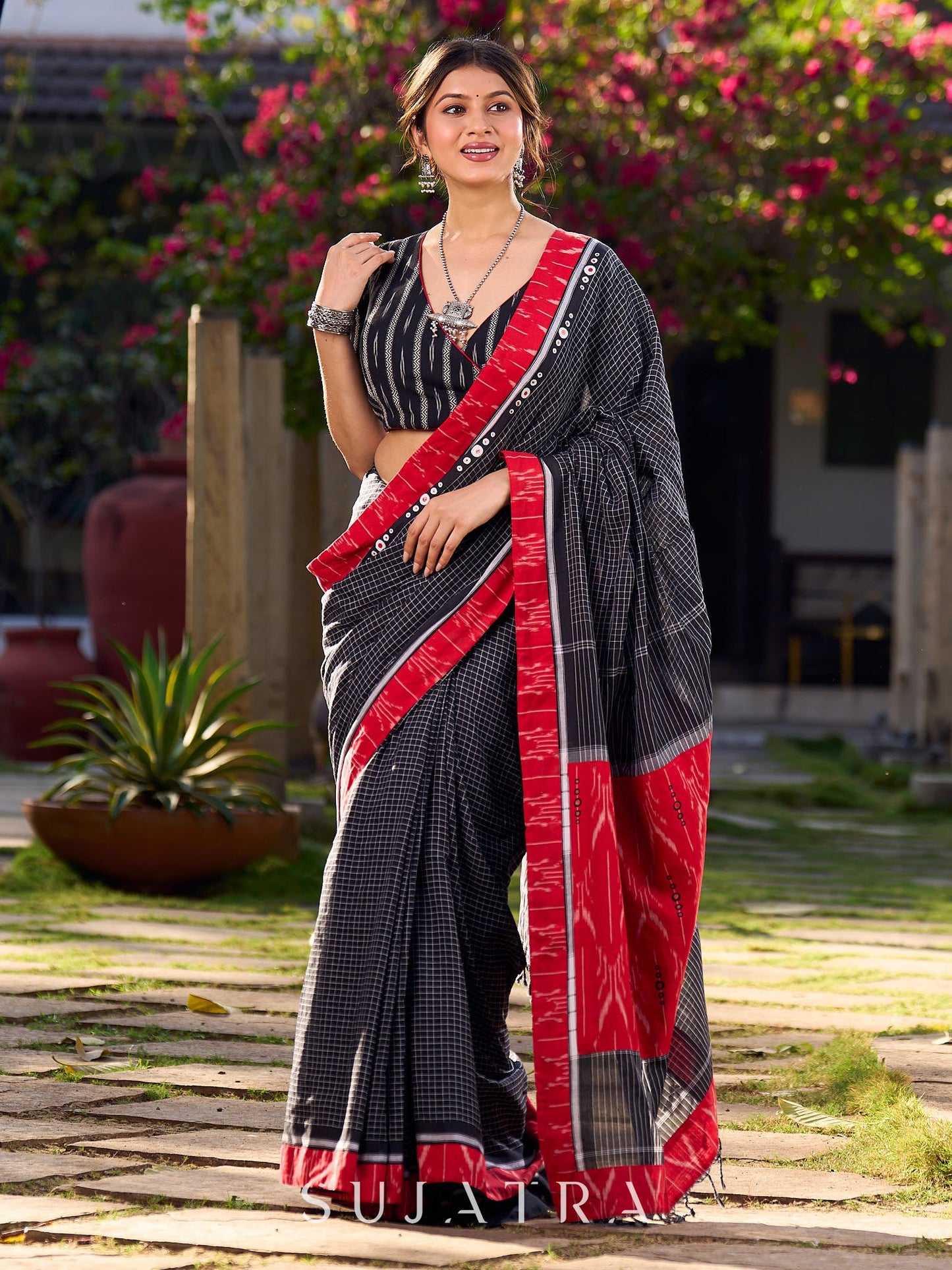 Black Cotton Checkered Saree with Contrasting Red Ikat Border