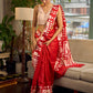 Elegant Red Pure Silk Saree with White Warli Art Print & Folk Motif Pallu