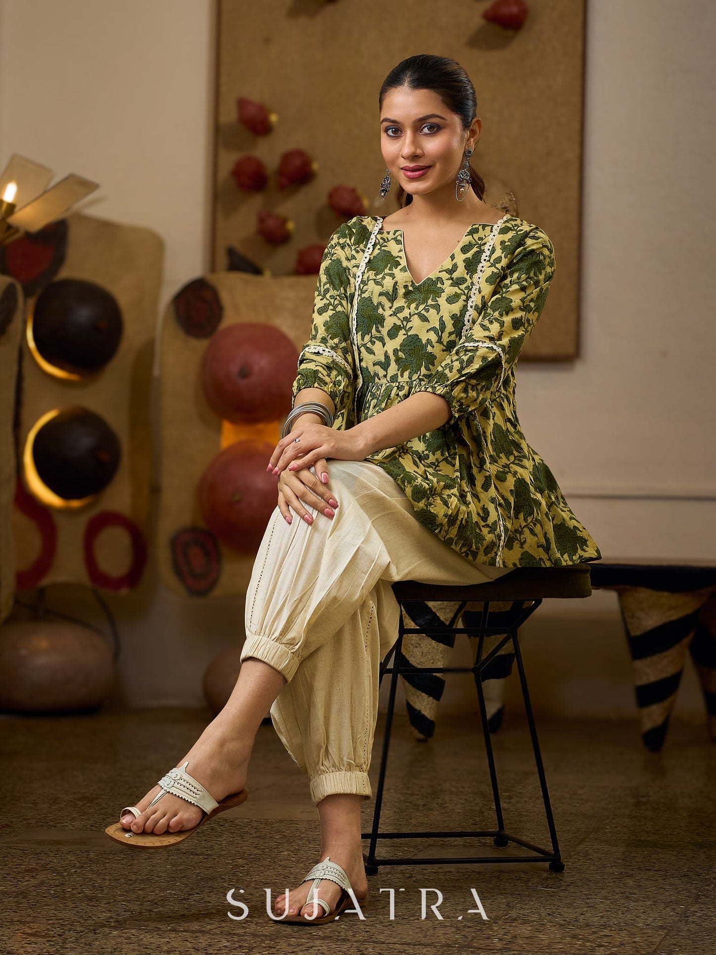 Elegant Cream And Olive Printed Gathered Top Adorned With Elegant Crochet Lace Highlights