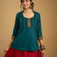Stylish dark green cotton top with pleats,mirror,and pearl work - Skirt optional