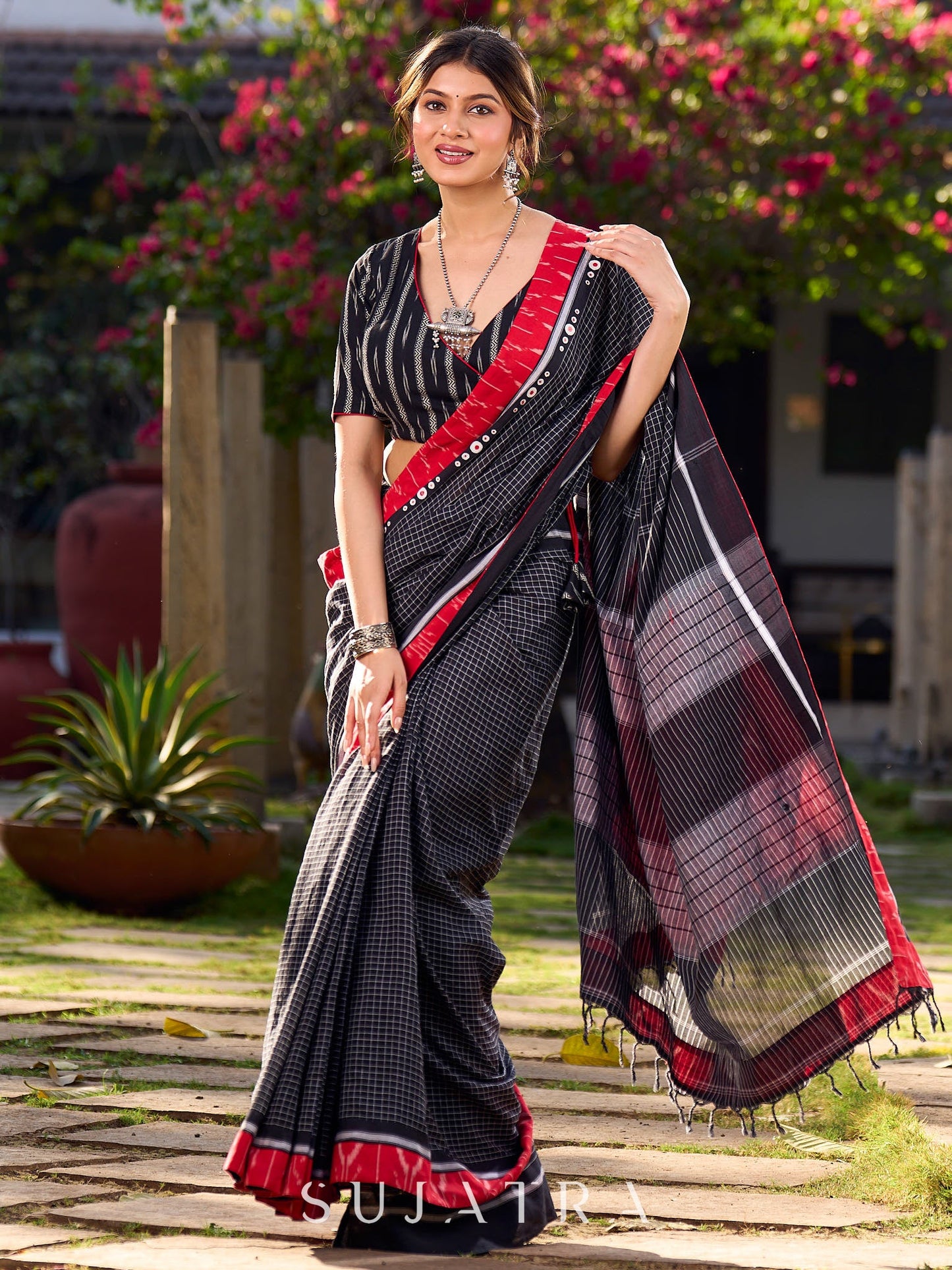 Black Cotton Checkered Saree with Contrasting Red Ikat Border