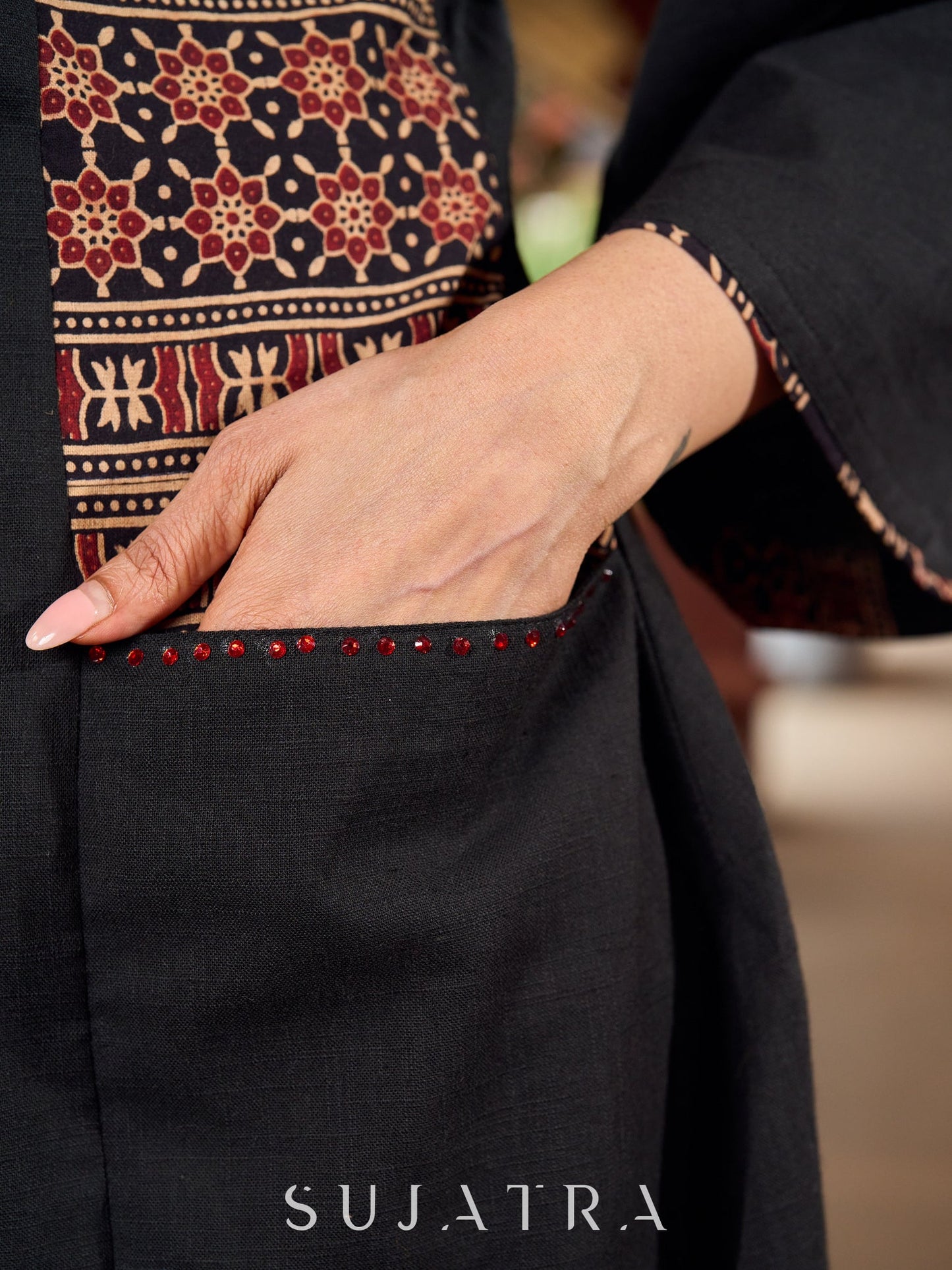 Stylish cotton printed kurta with contrast detailing and smart pocket-pant optional