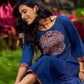 Ajrakh Appliqué Cotton Dress In Navy With Bell Sleeves And Mirror Embellishment