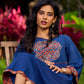 Ajrakh Appliqué Cotton Dress In Navy With Bell Sleeves And Mirror Embellishment