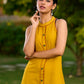 Exquisite Mustard Cotton Halter Dress Highlighted with Maroon Piping and Handcrafted Ajrakh Buttons - Jacket Optional