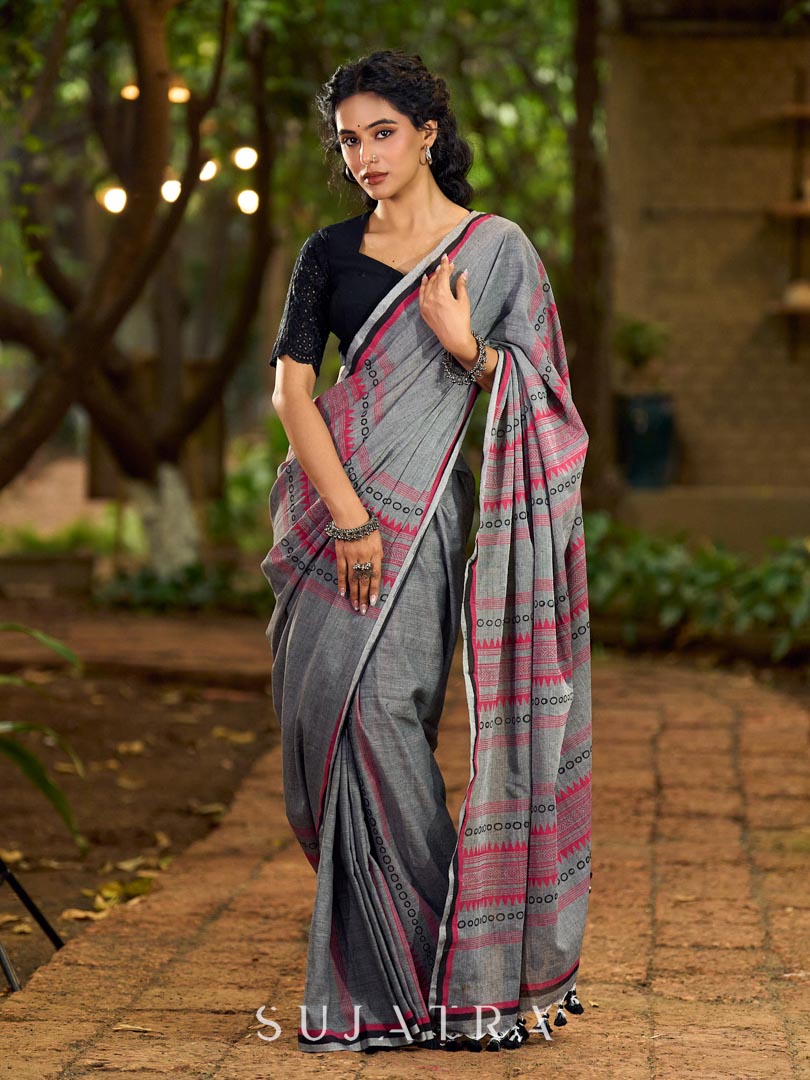 Poised Grey Cotton Saree with Classic Hand Block Printed Borders