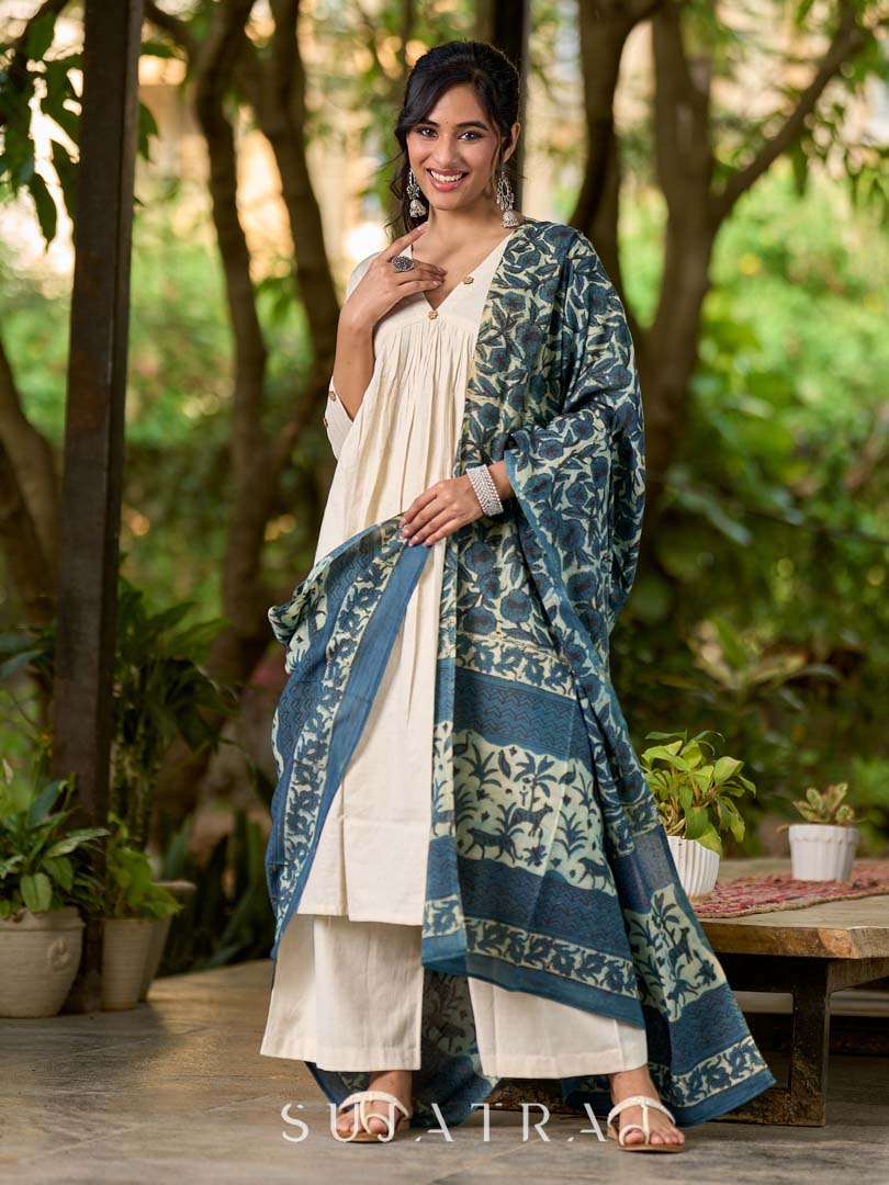 Classic Navy Blue Mul Cotton Dupatta with Traditional Prints