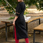 Solid Black Cotton Kurta with Ajrakh Yoke and Sleeves