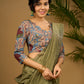 Elegant scallop neck blouse with vibrant kalamkari print  - Optional Plain Saree