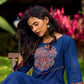 Ajrakh Appliqué Cotton Dress In Navy With Bell Sleeves And Mirror Embellishment
