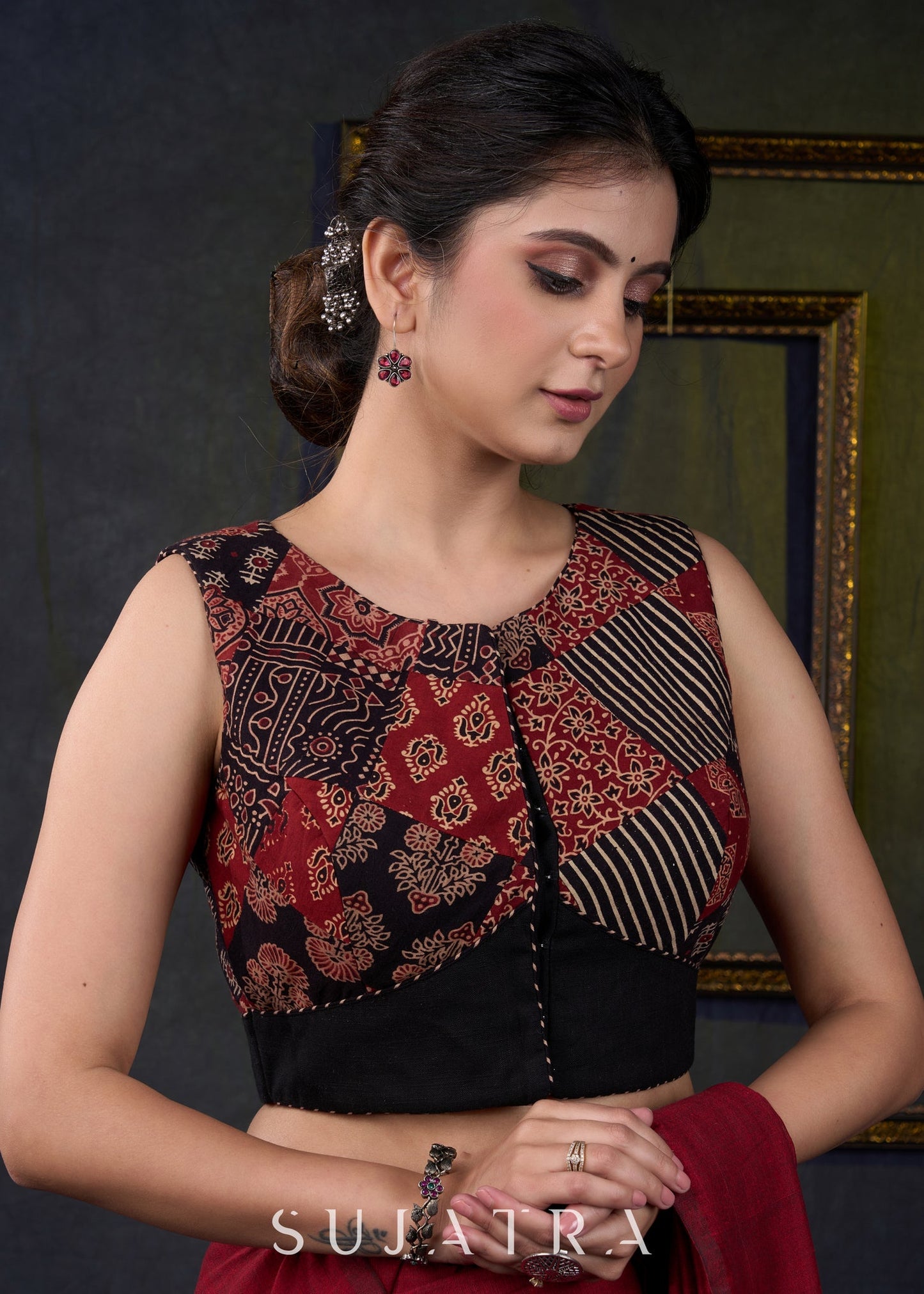 Trendy Ajrakh Sleeveless Patch Work Blouse