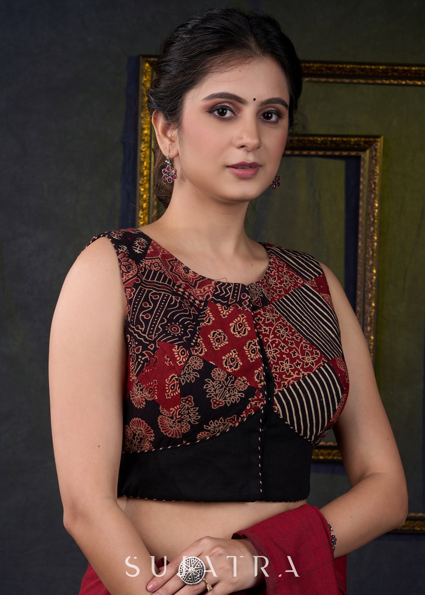 Trendy Ajrakh Sleeveless Patch Work Blouse