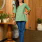 Green Artisan Cotton Top with Contrast Mustard Floral Printed Sleeves and Delicate Embellishments and Hand Embroidered Kantha