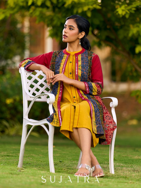 Vibrant Ajrakh Panel Jacket Embellished With Mirror Lace Highlights