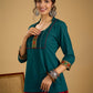 Stylish dark green cotton top with pleats,mirror,and pearl work - Skirt optional
