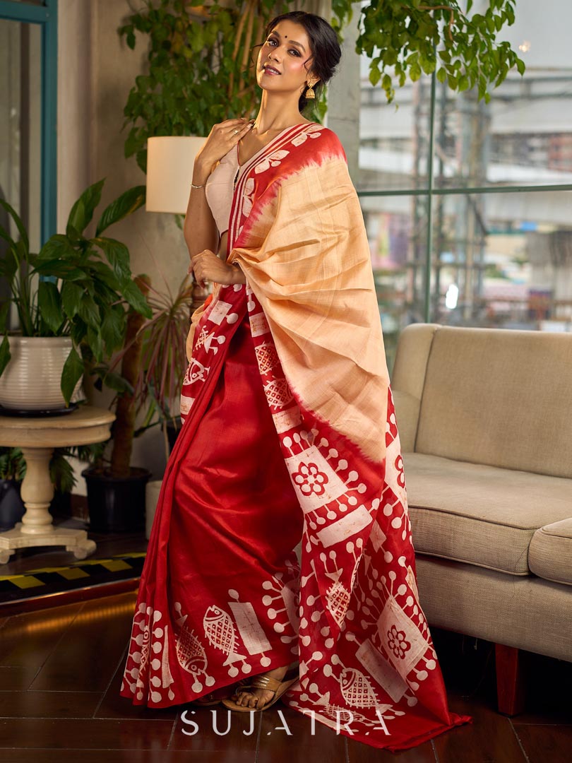Elegant Red Pure Silk Saree with White Warli Art Print & Folk Motif Pallu