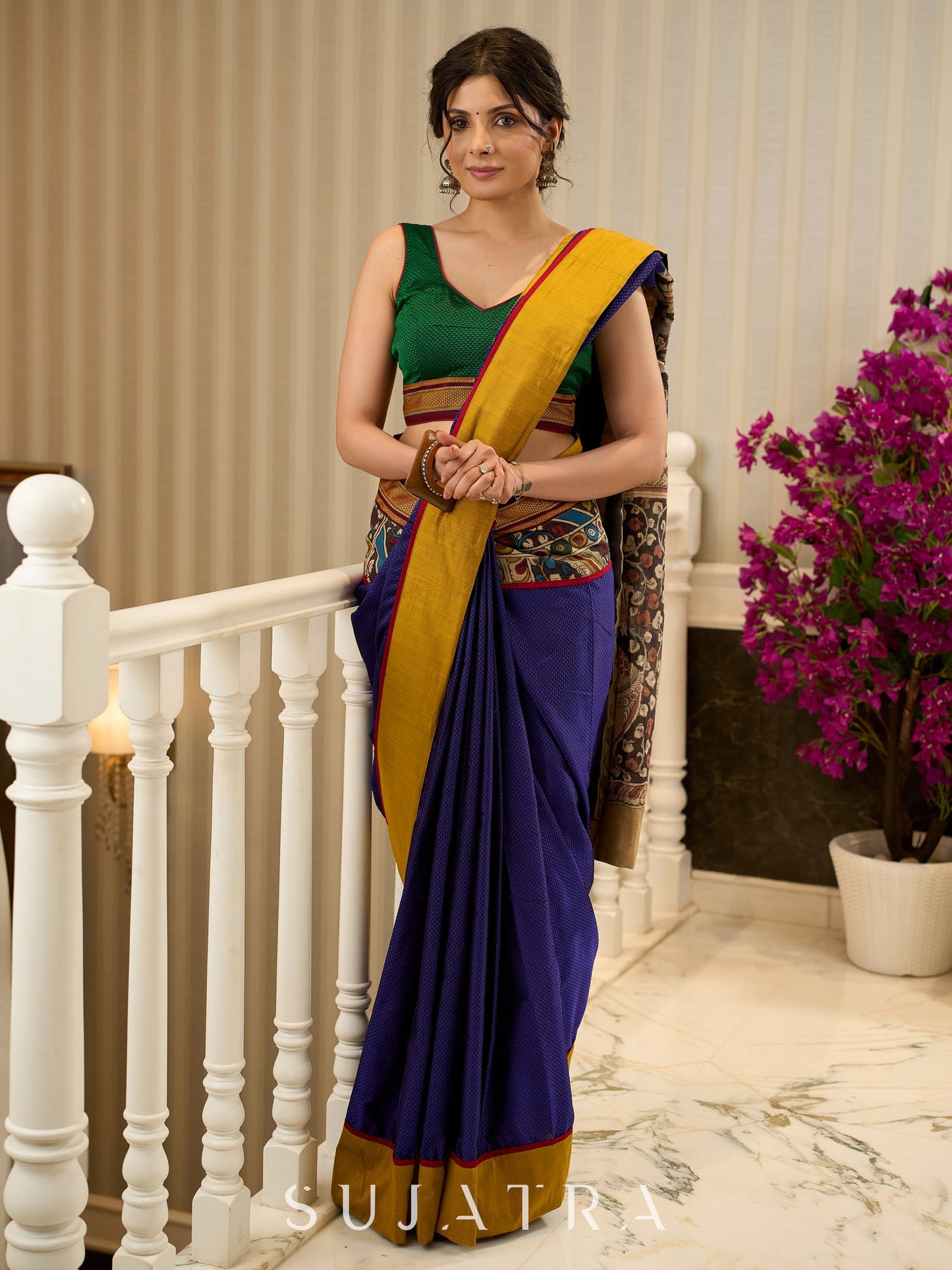Exquisite Khun saree with hand-painted Kalamkari pallu and detailing