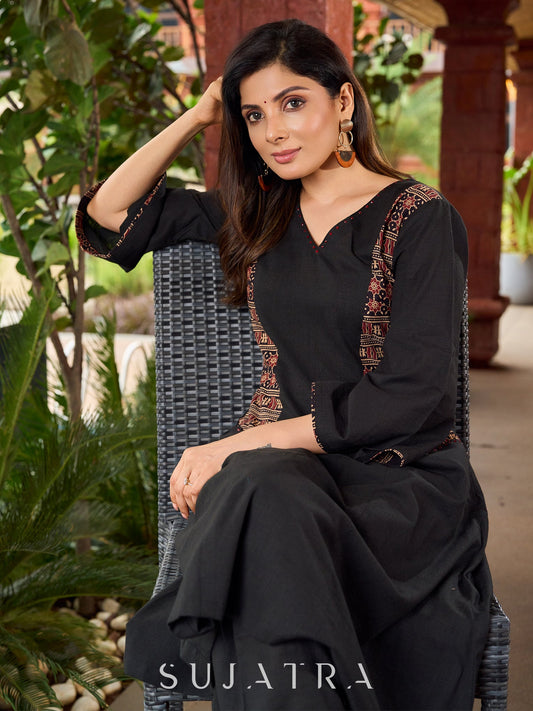 Stylish cotton printed kurta with contrast detailing and smart pocket-pant optional