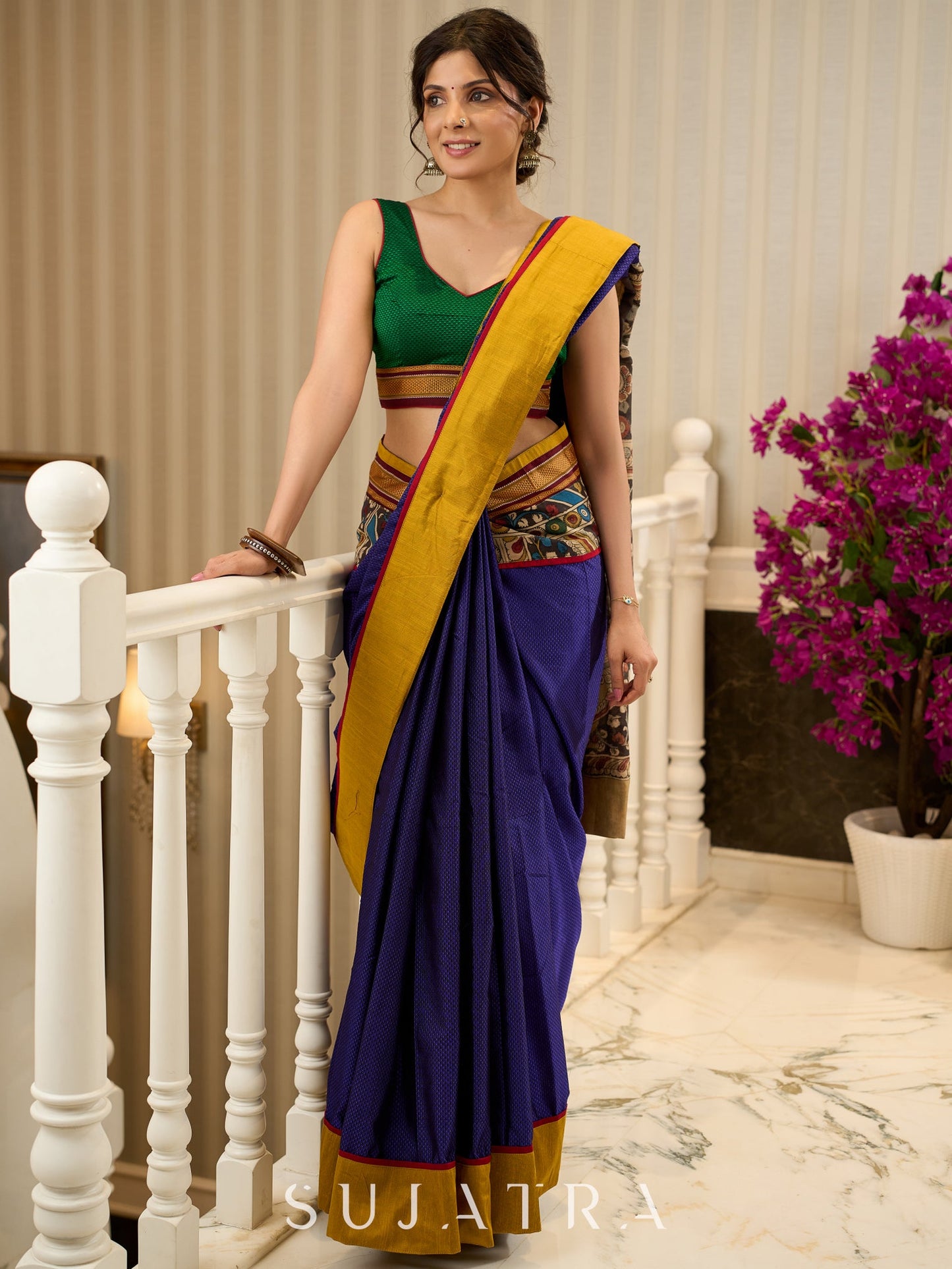Exquisite Khun saree with hand-painted Kalamkari pallu and detailing
