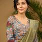 Elegant scallop neck blouse with vibrant kalamkari print  - Optional Plain Saree