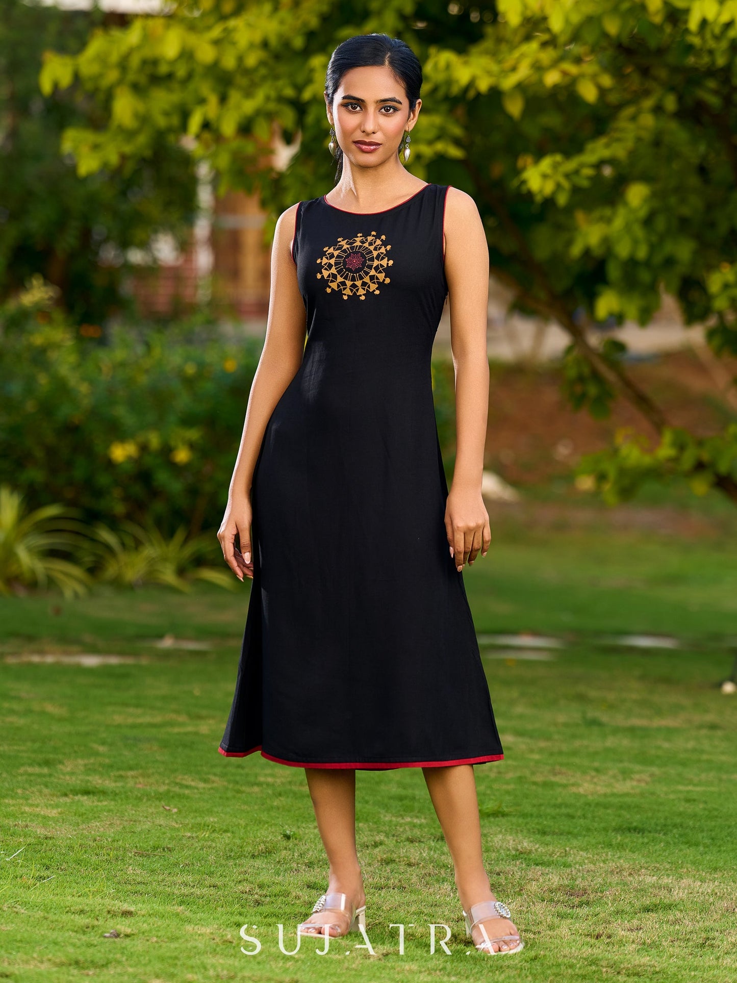 Handcrafted Black Rayon Dress Adorned with Traditional Warli Painting - Jacket Optional