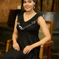 Midnight Ruffle Black Flared Rayon Dress with White Accents