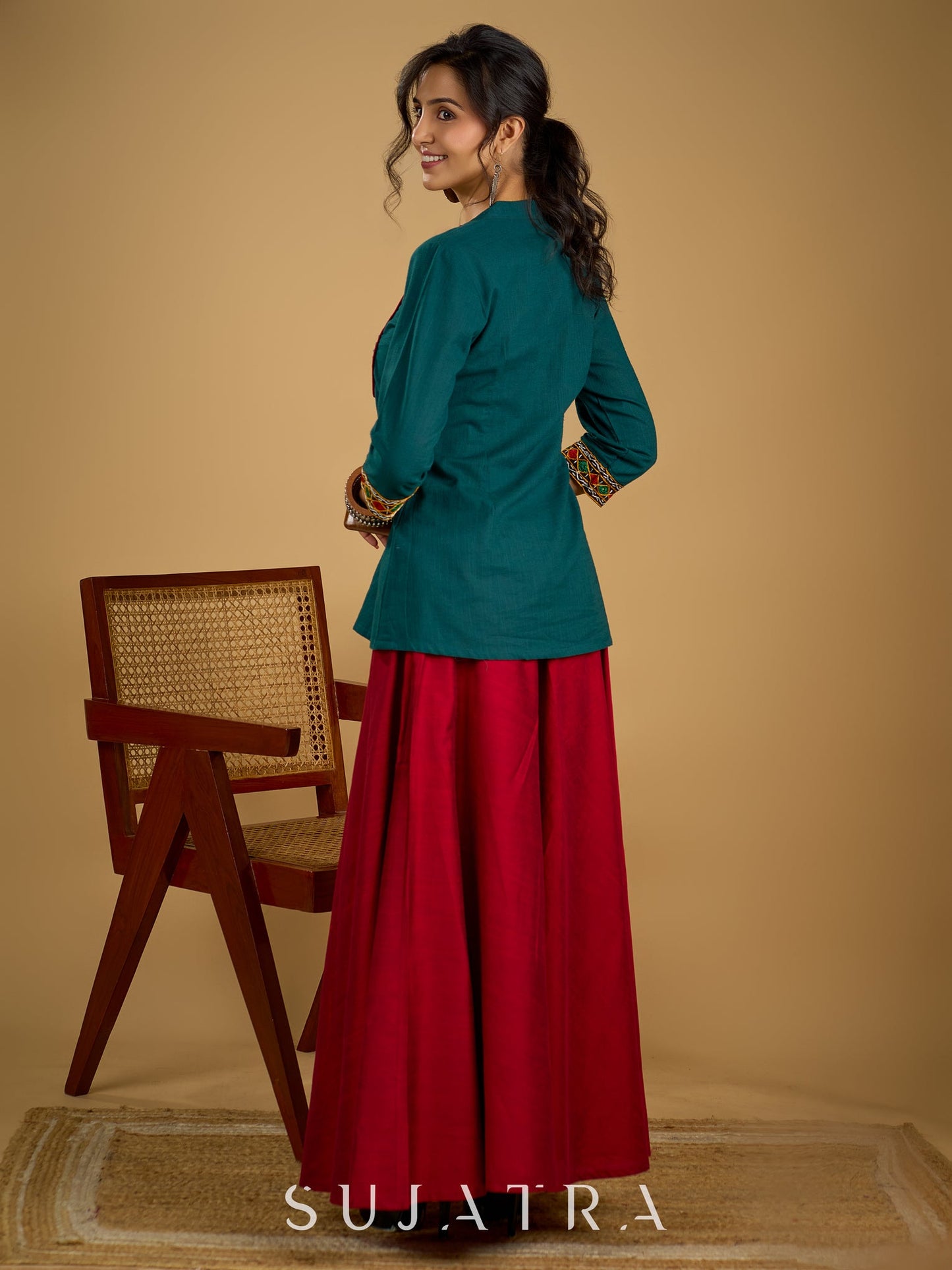 Stylish dark green cotton top with pleats,mirror,and pearl work - Skirt optional