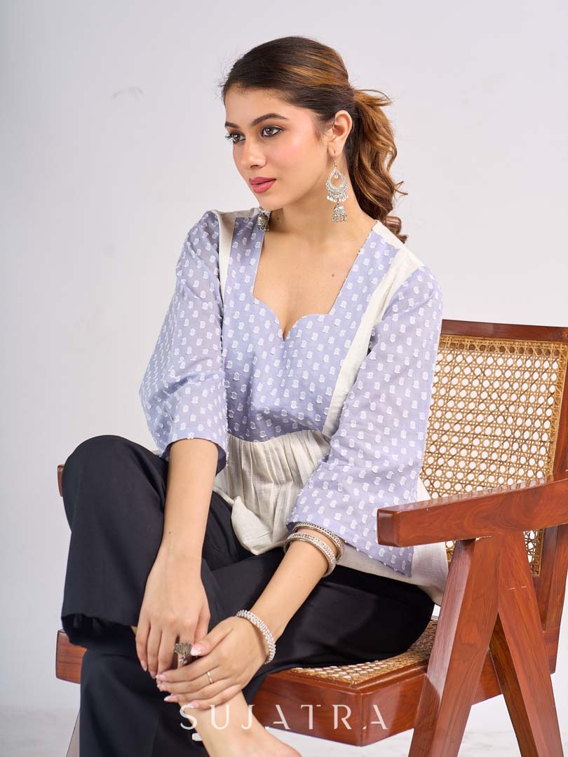 Powder Blue Dobby Cotton Contemporary Top with Soft Gathered Waist