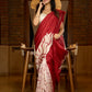 Artisanal crimson silk saree featuring heritage batik floral designs
