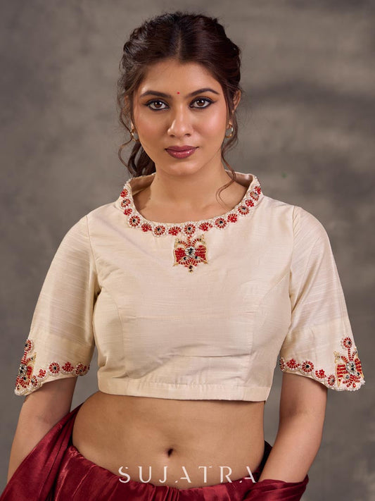 Cream Cotton Silk Blouse with Colorful Floral Embroidered Neckline and Sleeves