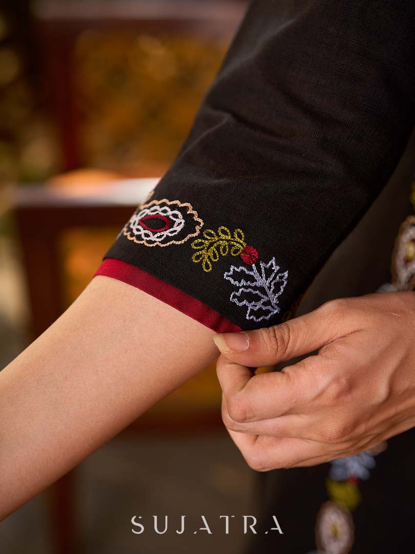 Classic Black Cotton Kurta with Intricate Paisley Embroidery