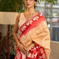 Elegant Red Pure Silk Saree with White Warli Art Print & Folk Motif Pallu