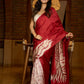 Artisanal crimson silk saree featuring heritage batik floral designs