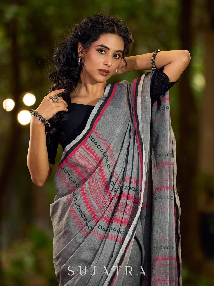 Poised Grey Cotton Saree with Classic Hand Block Printed Borders