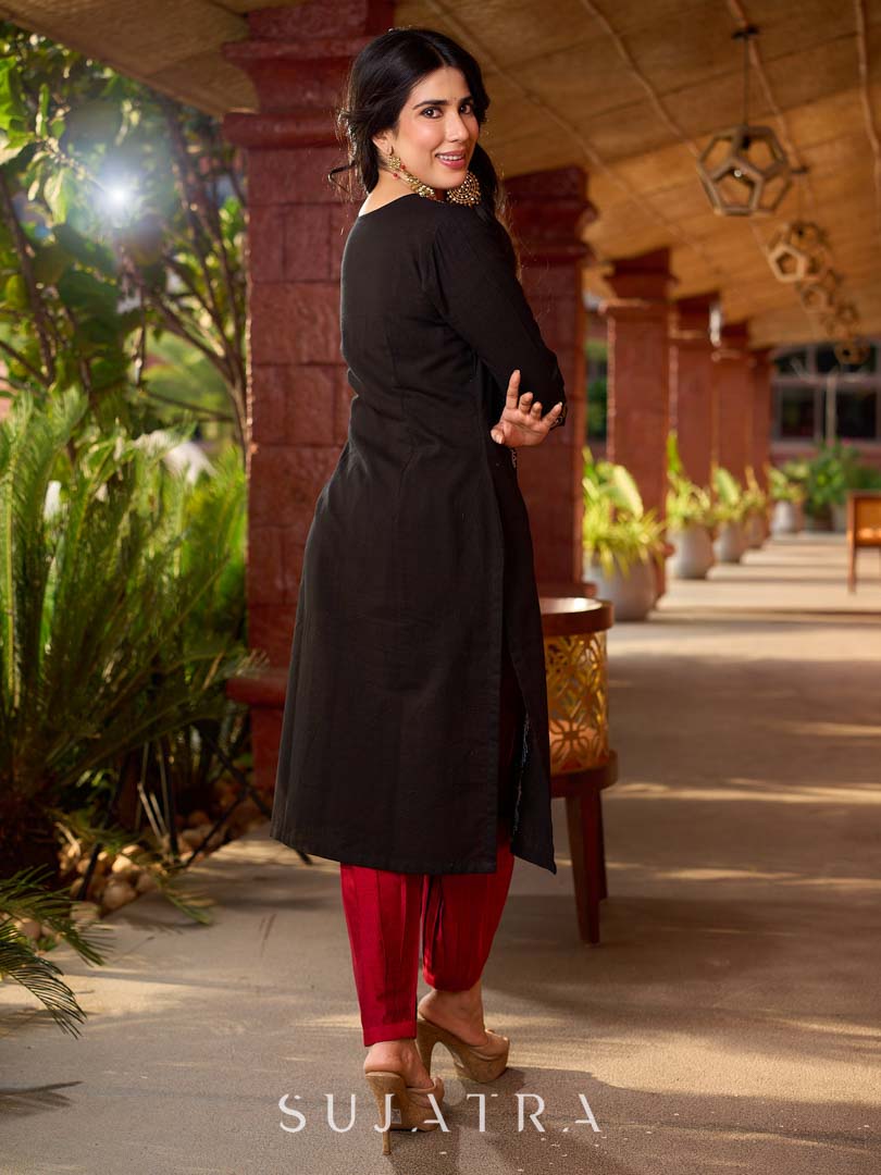 Classic Black Cotton Kurta with Intricate Paisley Embroidery