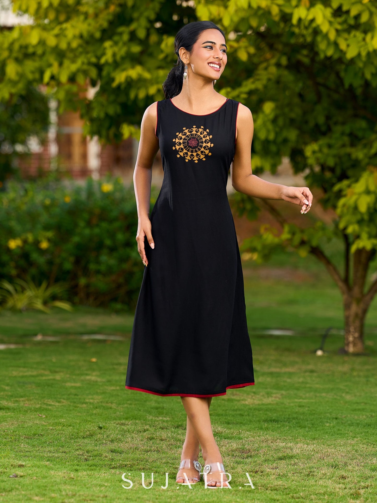 Handcrafted Black Rayon Dress Adorned with Traditional Warli Painting - Jacket Optional