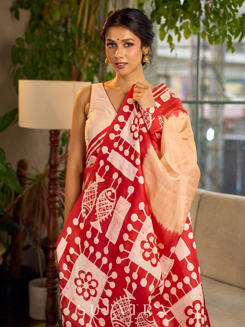 Elegant Red Pure Silk Saree with White Warli Art Print & Folk Motif Pallu