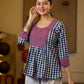 Classic Checkered Cotton Gathered Top Featuring A Contrasting Maroon Embroidered Yoke And Sleeves