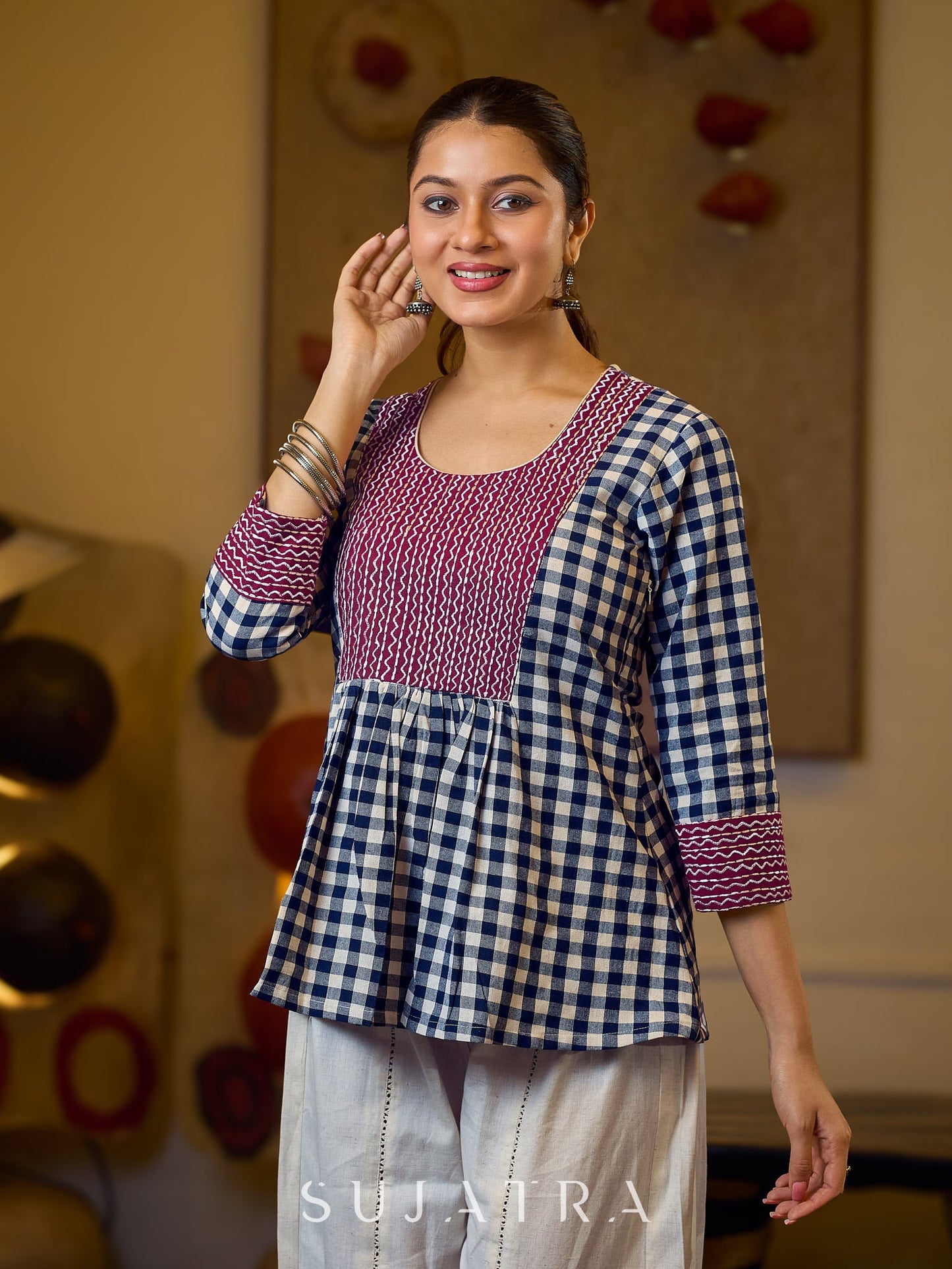 Classic Checkered Cotton Gathered Top Featuring A Contrasting Maroon Embroidered Yoke And Sleeves