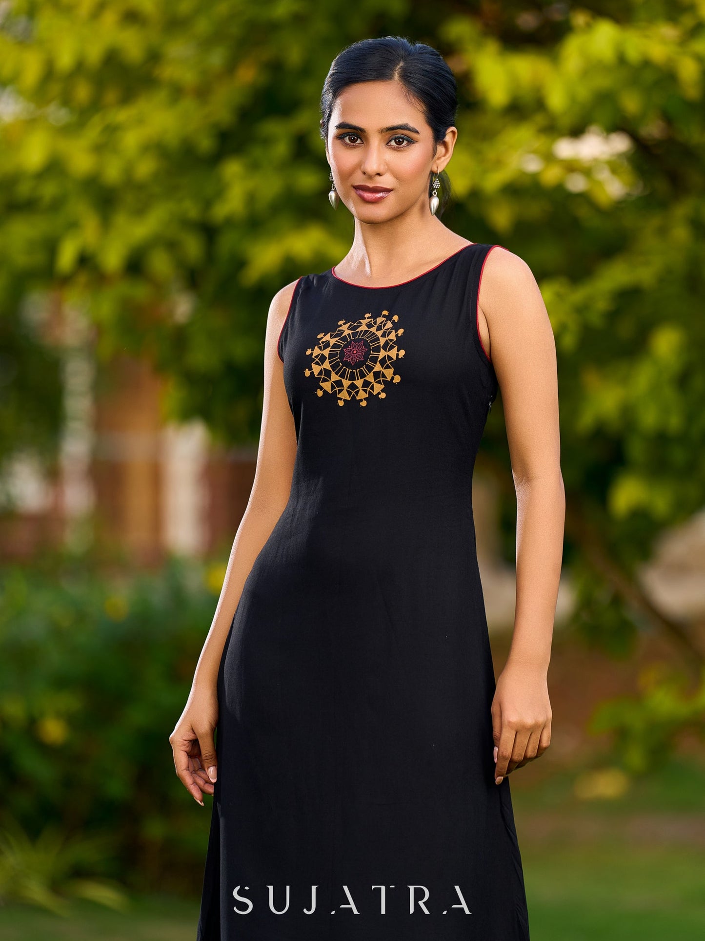 Handcrafted Black Rayon Dress Adorned with Traditional Warli Painting - Jacket Optional