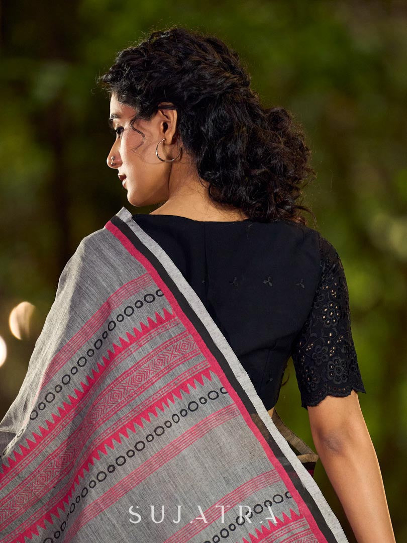 Poised Grey Cotton Saree with Classic Hand Block Printed Borders